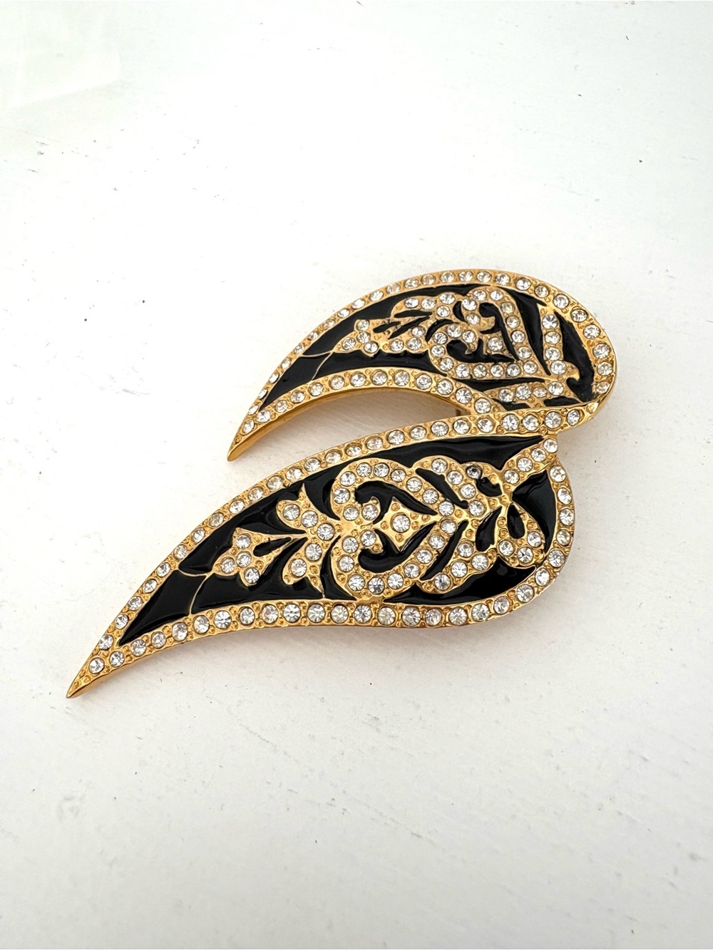 Gold-Tone Black Enamel Crystal Paisley Brooch - Women Jewelry